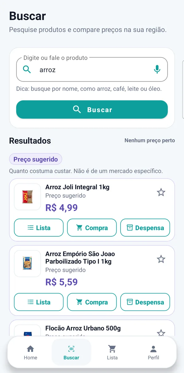 Tela Buscar com preços sugeridos