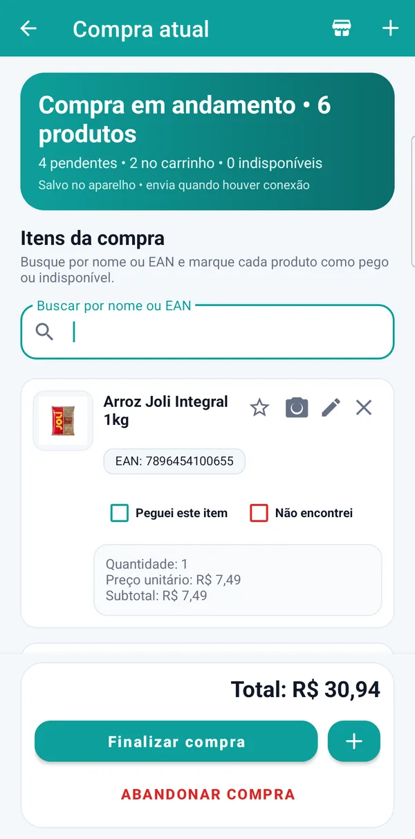 Tela da compra atual com o total